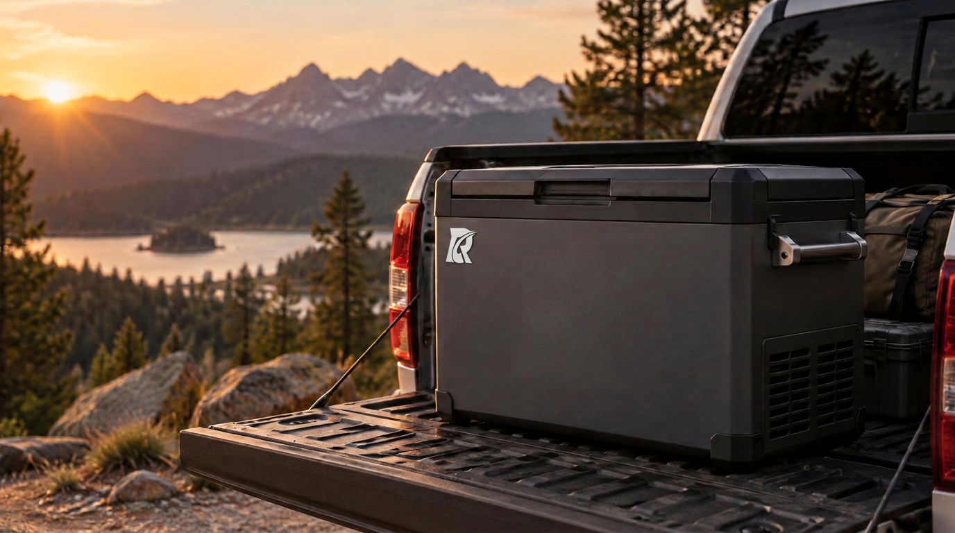 Cool Ride portable refrigerator in the bed of a pickup truck at sunset