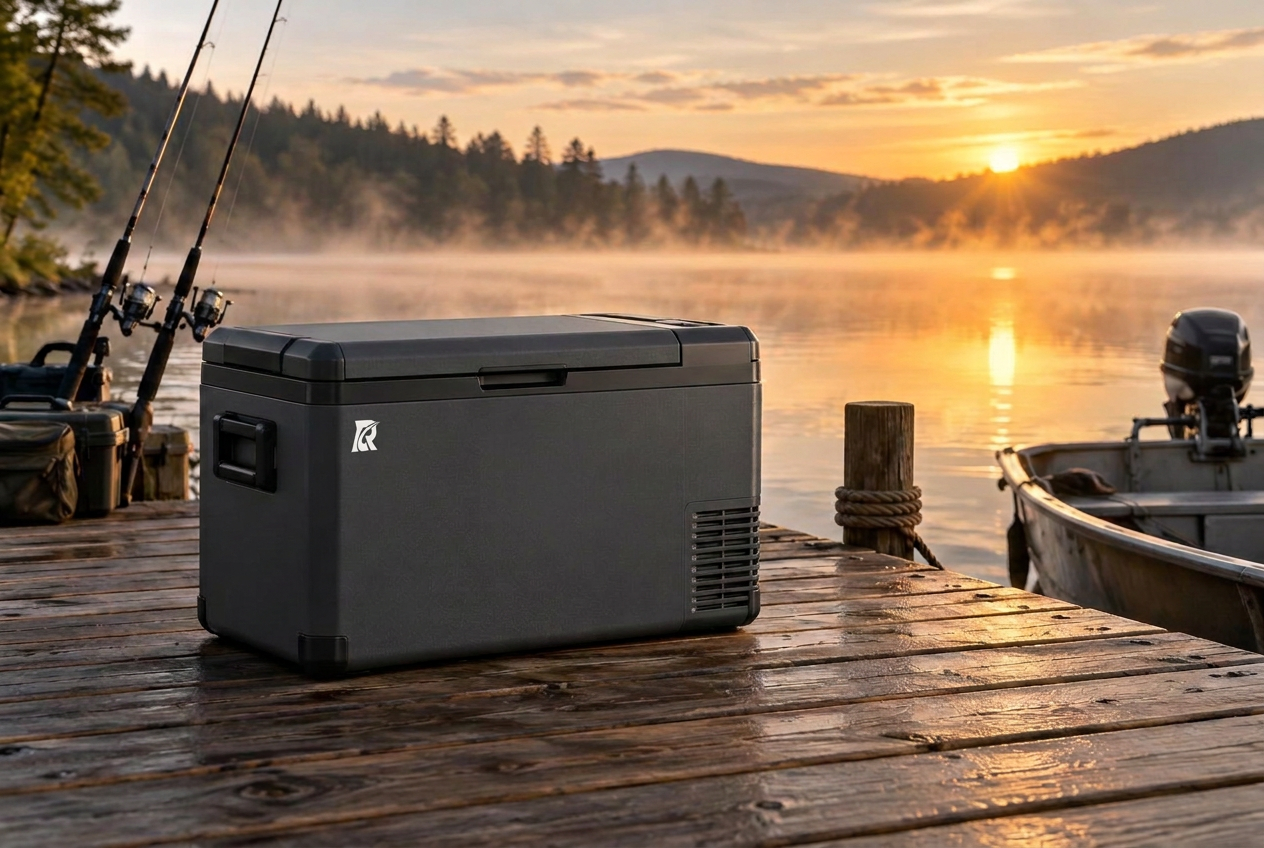 Cool Ride refrigerator on a lake dock at sunrise