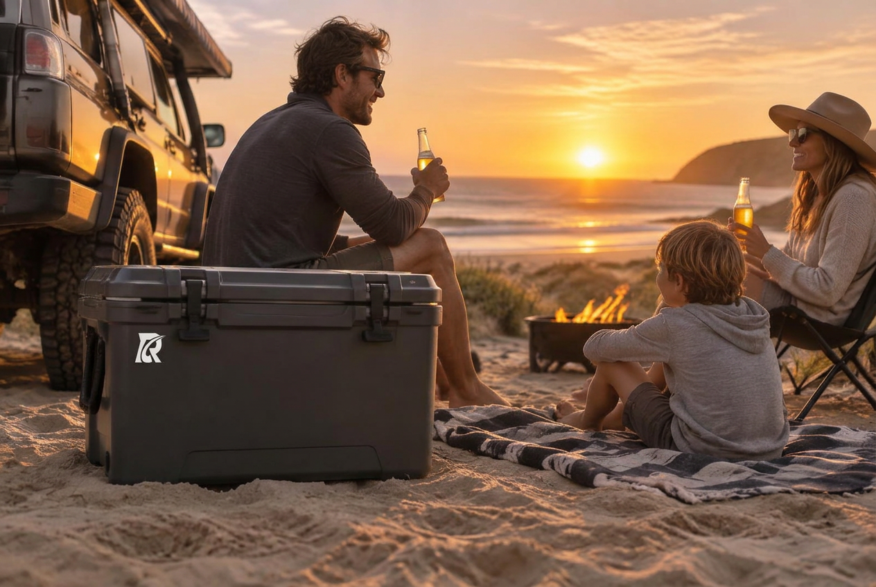 Cool Ride ice box on the beach beside a 4x4 at sunset